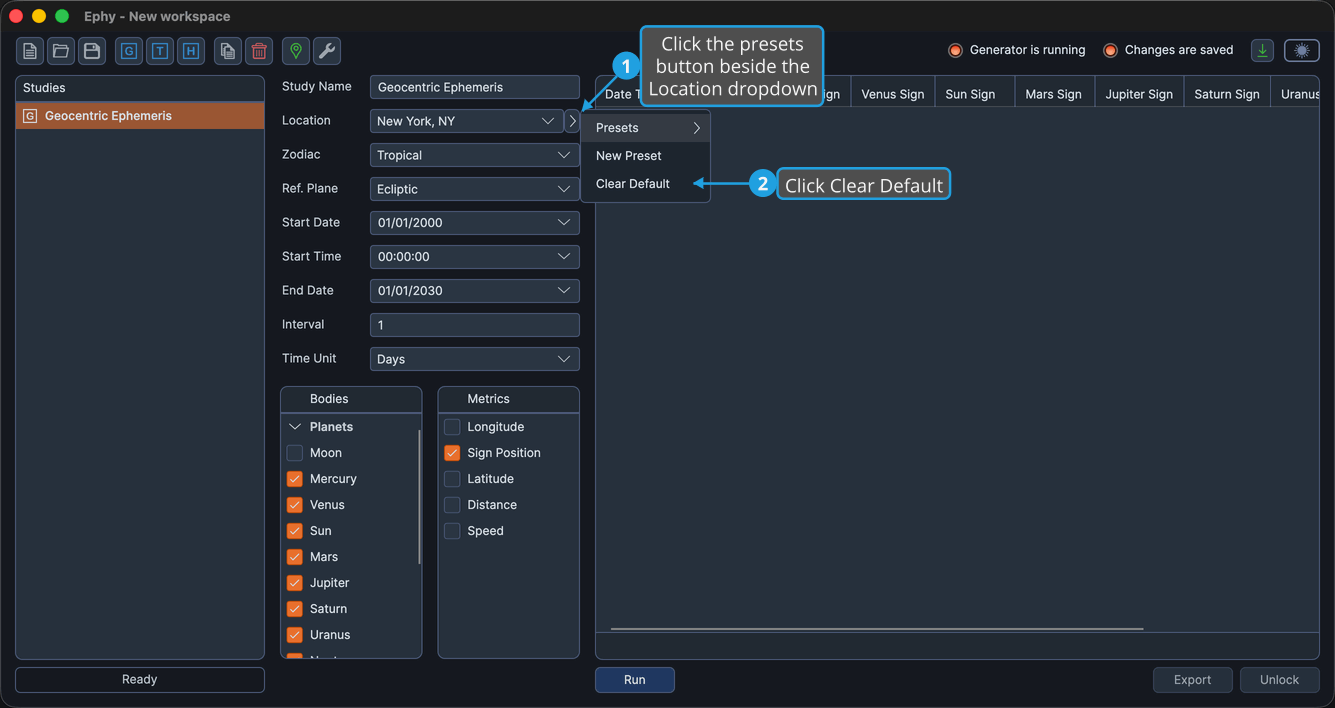 The presets flyout open beside the Location dropdown showing the Clear Default command.