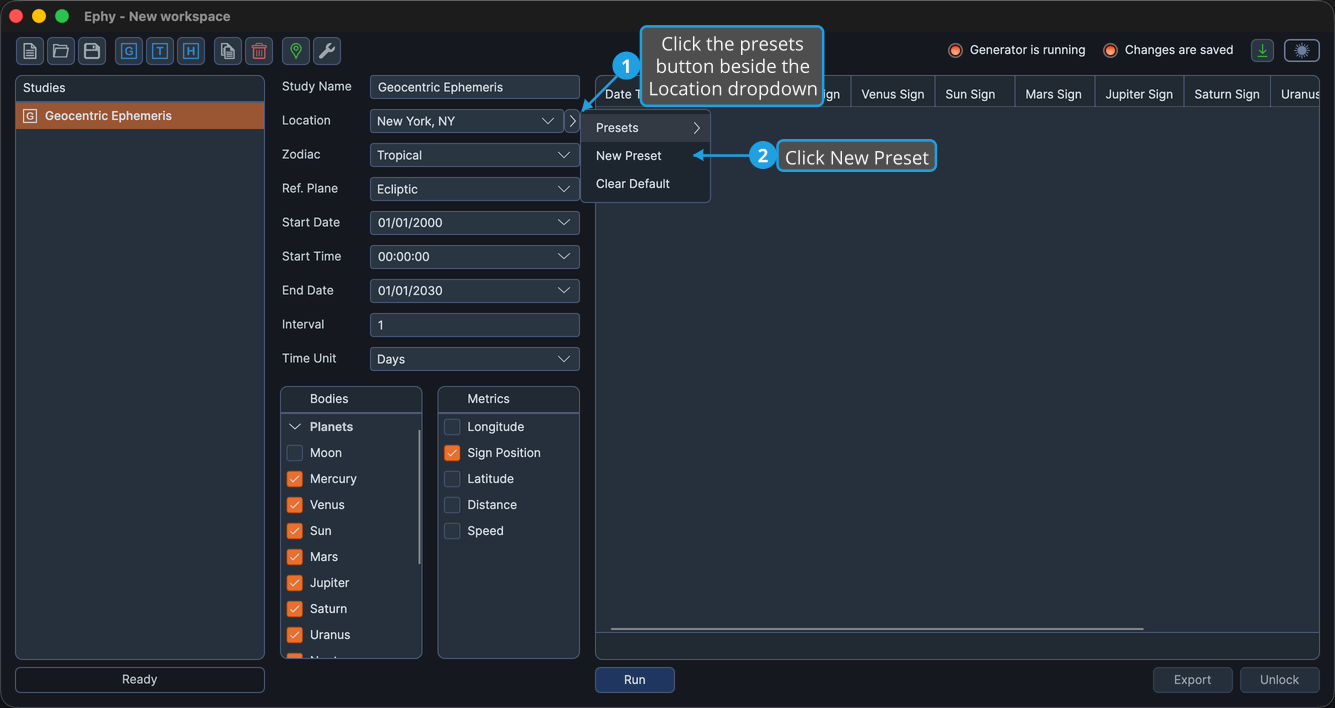 The presets flyout open beside the Location dropdown showing the New Preset command.