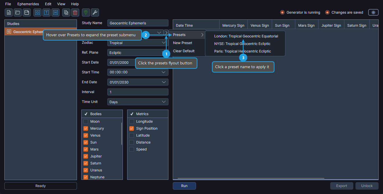Study view with the ephemeris presets flyout open showing preset names