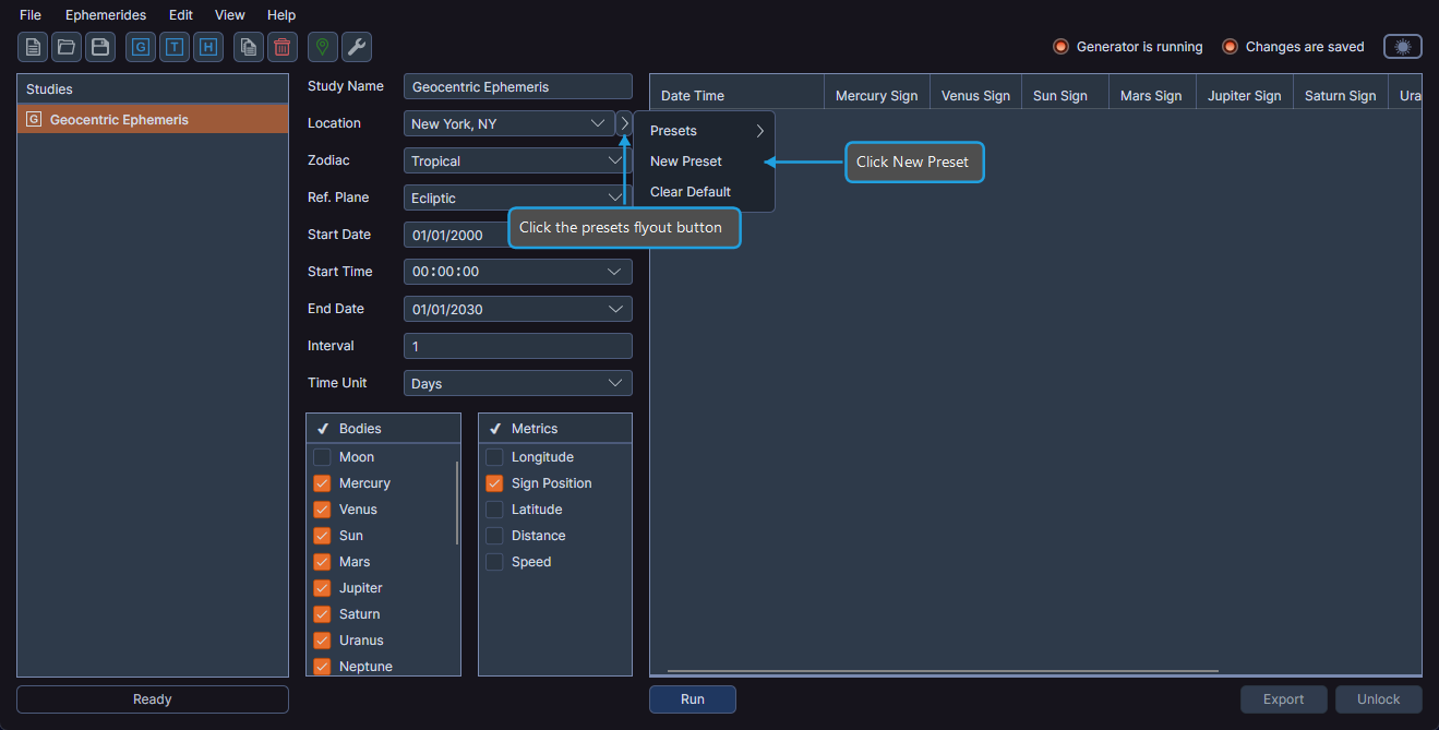 Study view with the ephemeris presets flyout showing the New Preset option