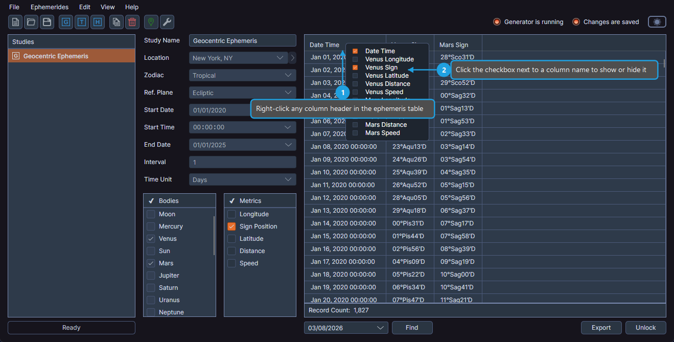 Ephemeris table with column header context menu showing column visibility checkboxes