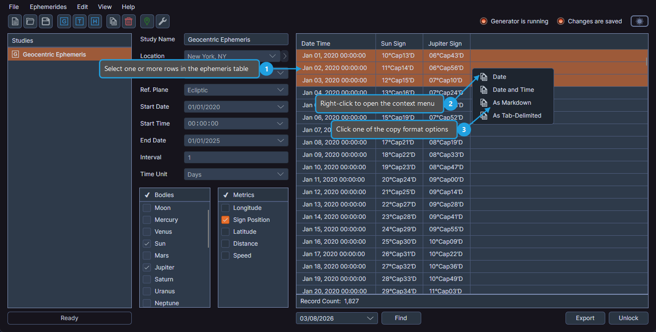Ephemeris table with right-click context menu showing copy options