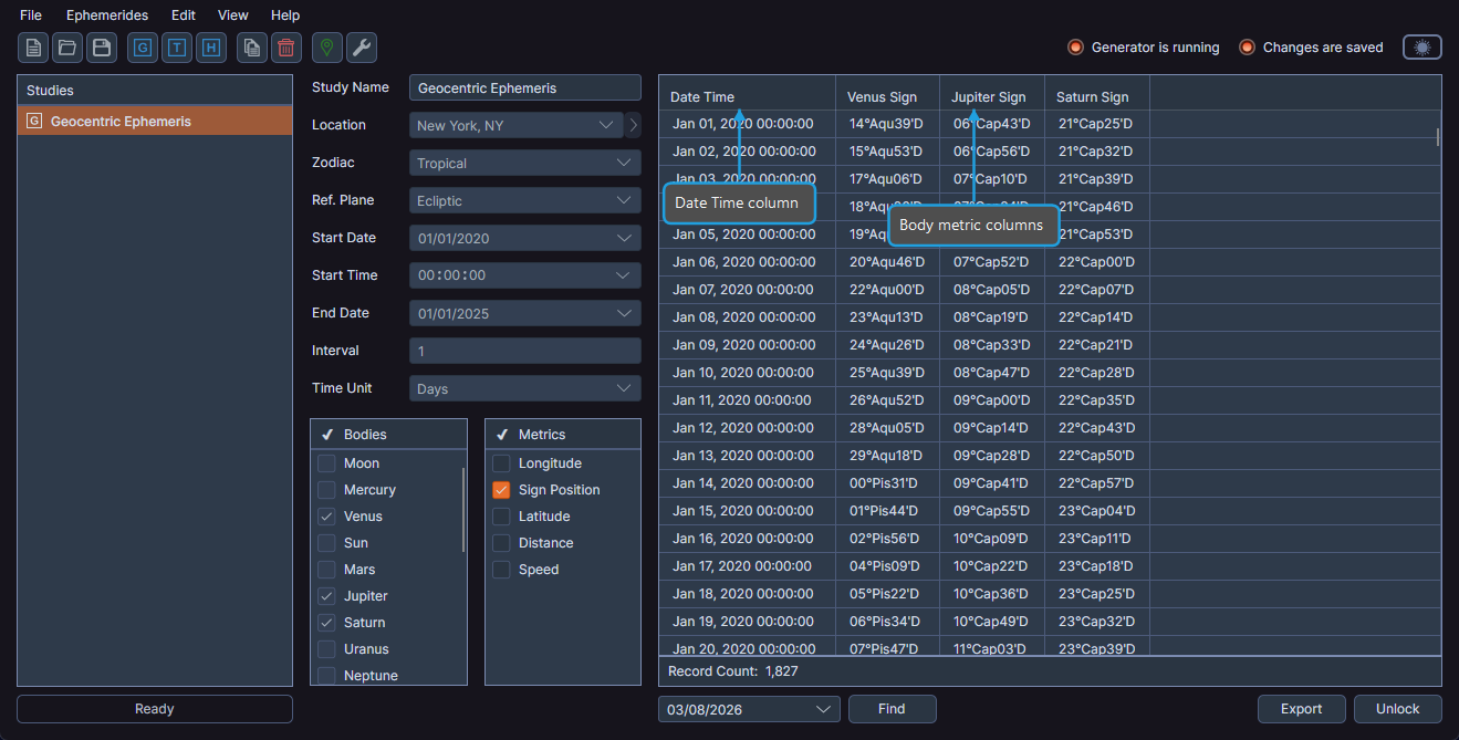 Ephemeris table showing generated records with Date Time and body metric columns