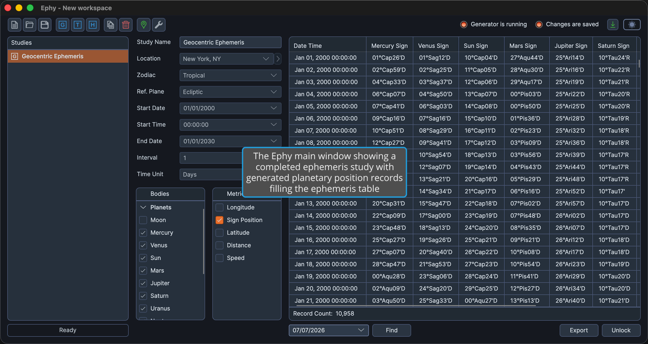 The Ephy main window showing a completed ephemeris study with generated planetary position records filling the ephemeris table.