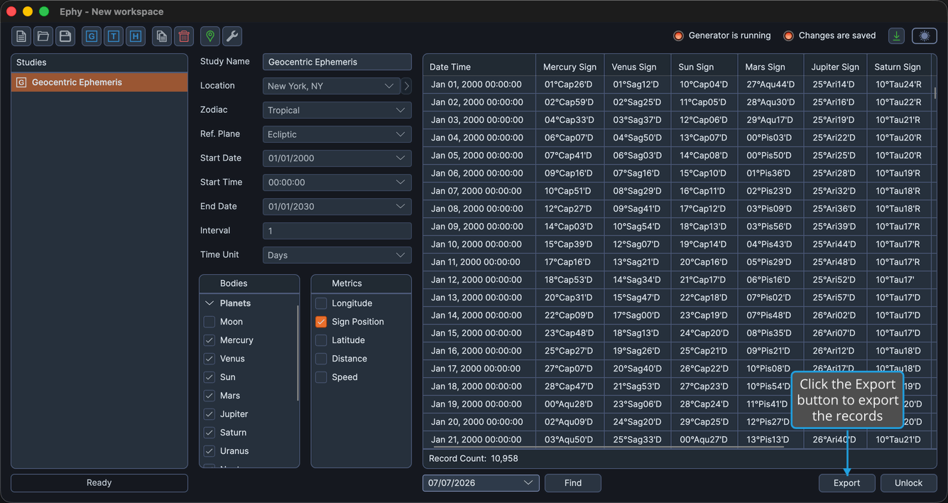 A generated study showing the Export button beside the results.