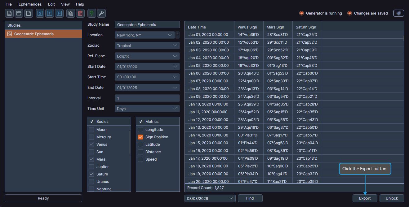 Study view after generation showing the Export button enabled
