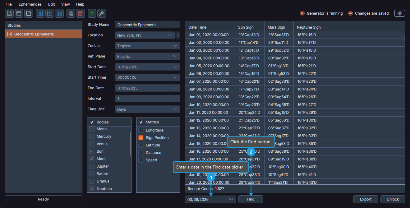 Bottom area of study view showing the Find date picker and Find button