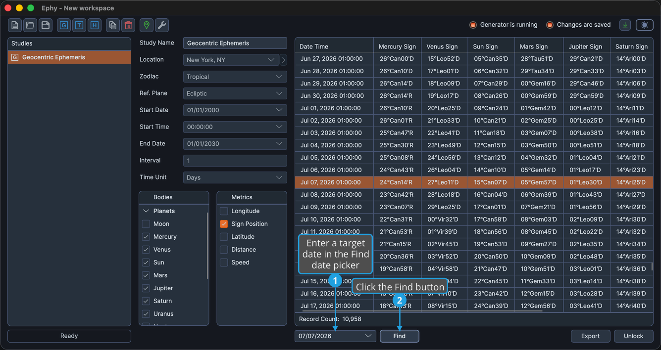 A generated study showing the Find date picker and Find button beside the results.