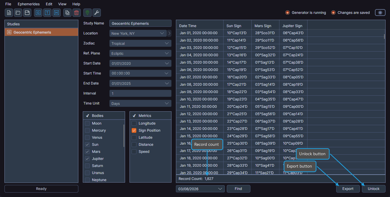 Study view after generation showing the Unlock button, record count, and Export button