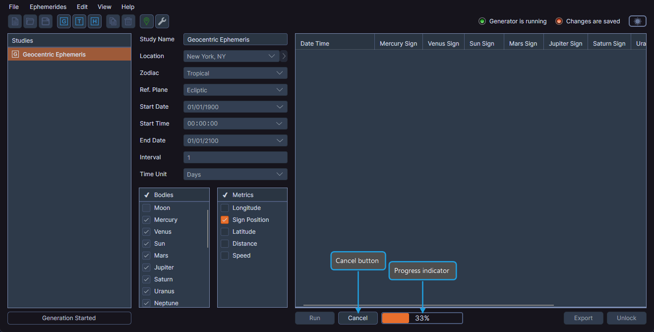 Study view during active record generation showing progress indicator and Cancel button