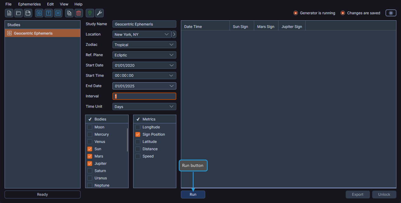 Study view showing the Run button enabled