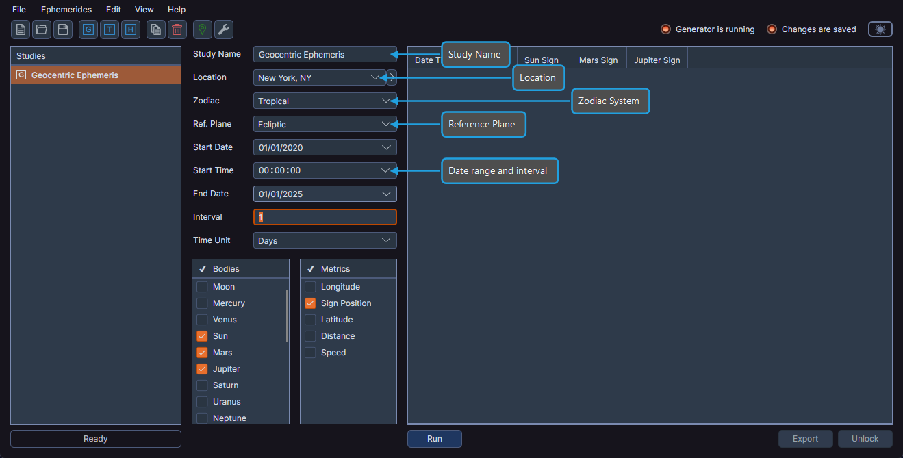Geocentric ephemeris study configuration panel showing all parameters