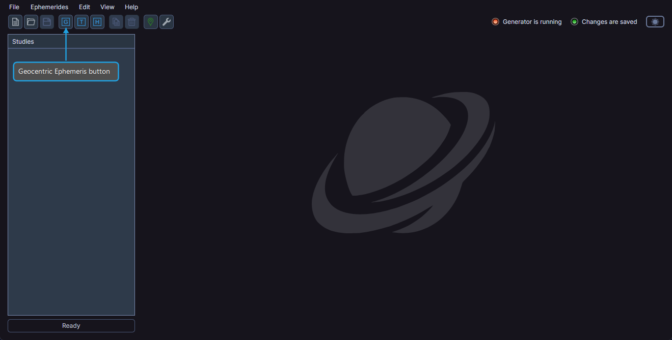 Toolbar with the Geocentric Ephemeris button highlighted