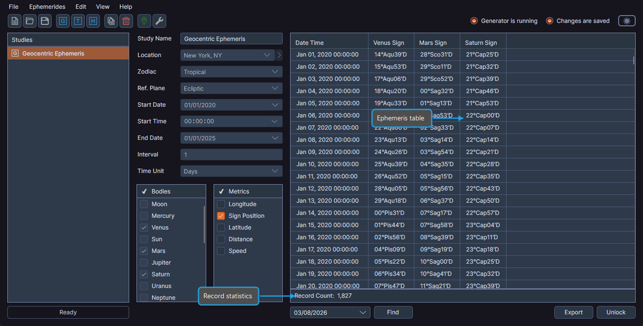Geocentric ephemeris study with generated records in the ephemeris table