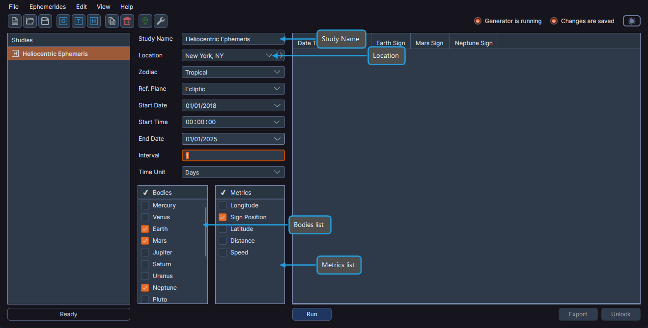 Heliocentric ephemeris study configuration panel showing all parameters