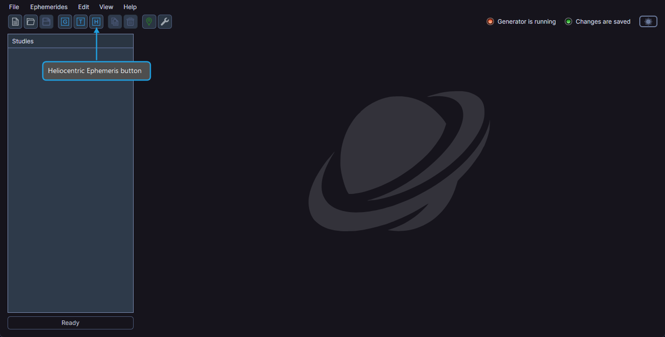 Toolbar with the Heliocentric Ephemeris button highlighted