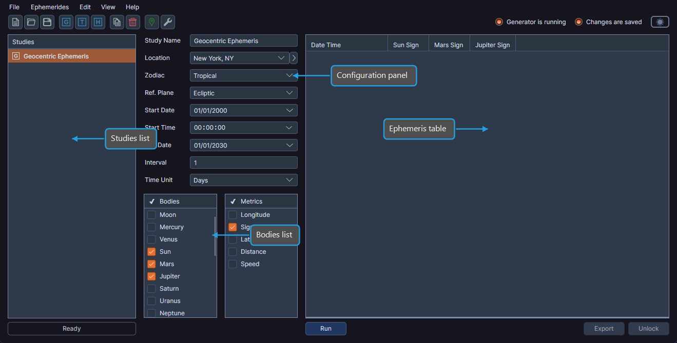 The Ephy main window showing the studies list, configuration panel, bodies list, and ephemeris table