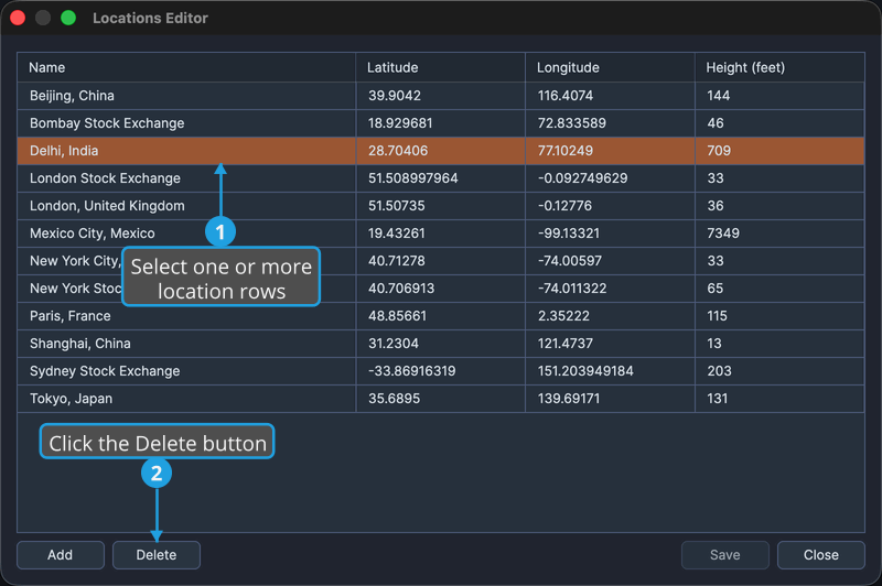 The Locations Editor with one or more location rows selected.