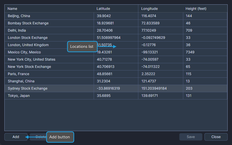 Locations Editor dialog showing the locations list and Add button