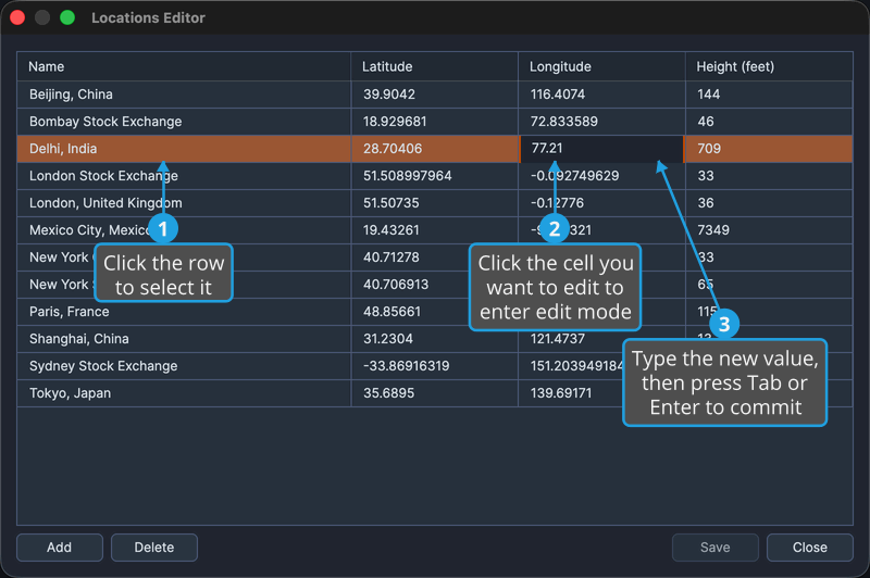 The Locations Editor with a location row selected and one of its cells in edit mode.