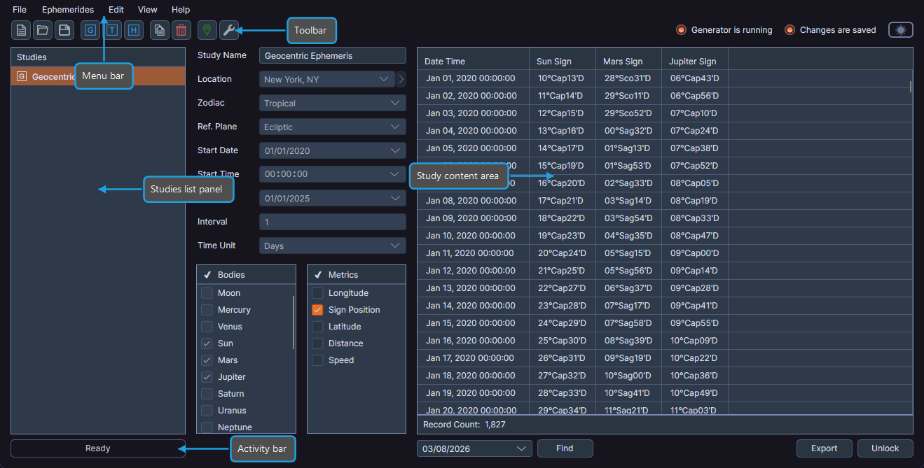 Main application window showing menu bar, toolbar, studies list panel, study content area, and activity bar