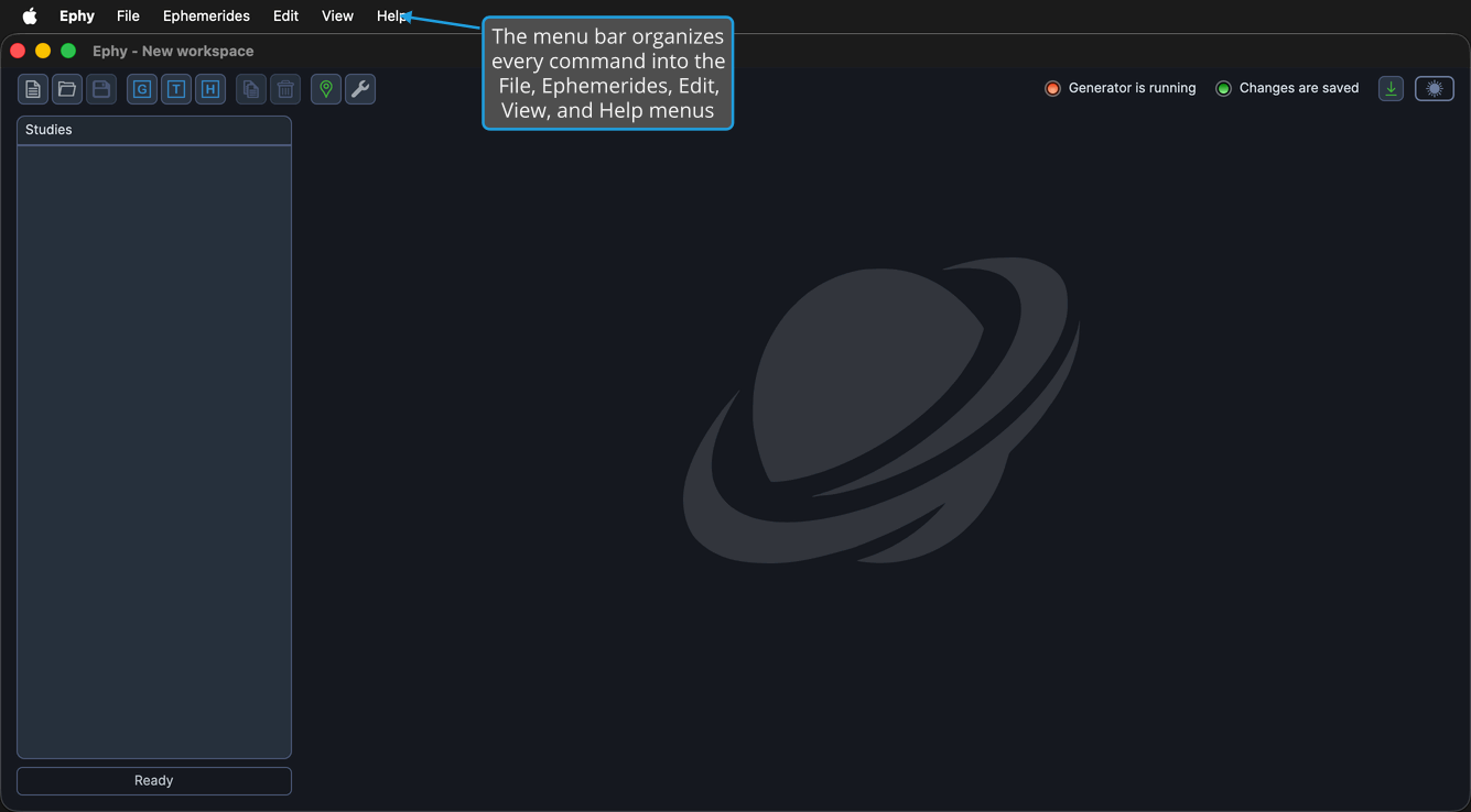 The Ephy menu bar showing the closed menus.