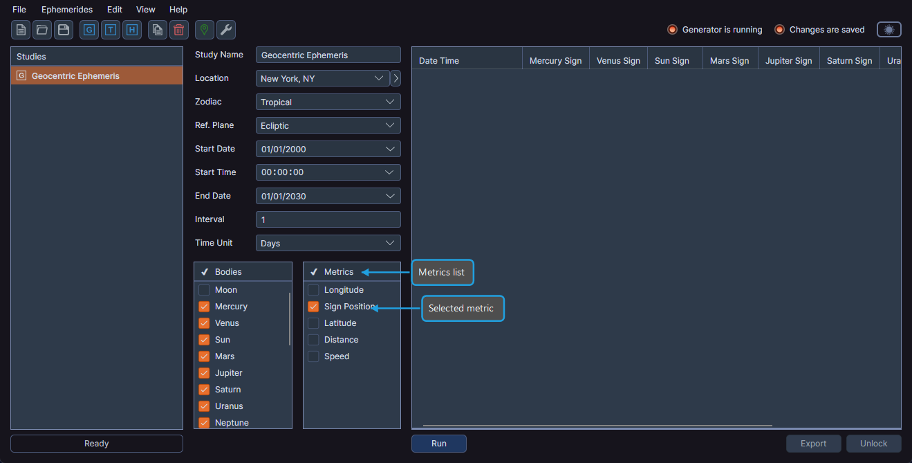 Metrics list showing checkboxes for Longitude, Sign Position, Latitude, Distance, and Speed