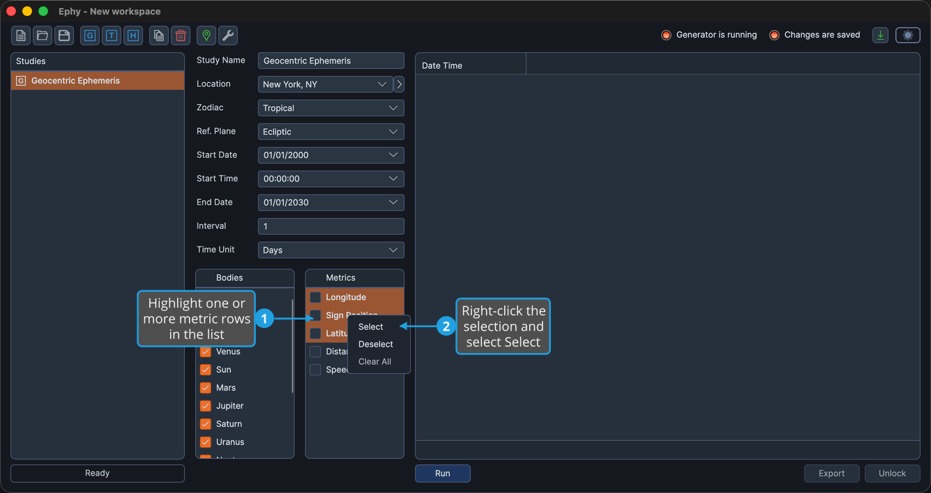 The Metrics Selection List with several metric rows highlighted and the right-click context menu open showing Select, Deselect, and Clear All.