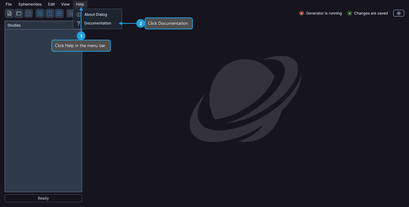 Help menu open showing the Documentation menu item