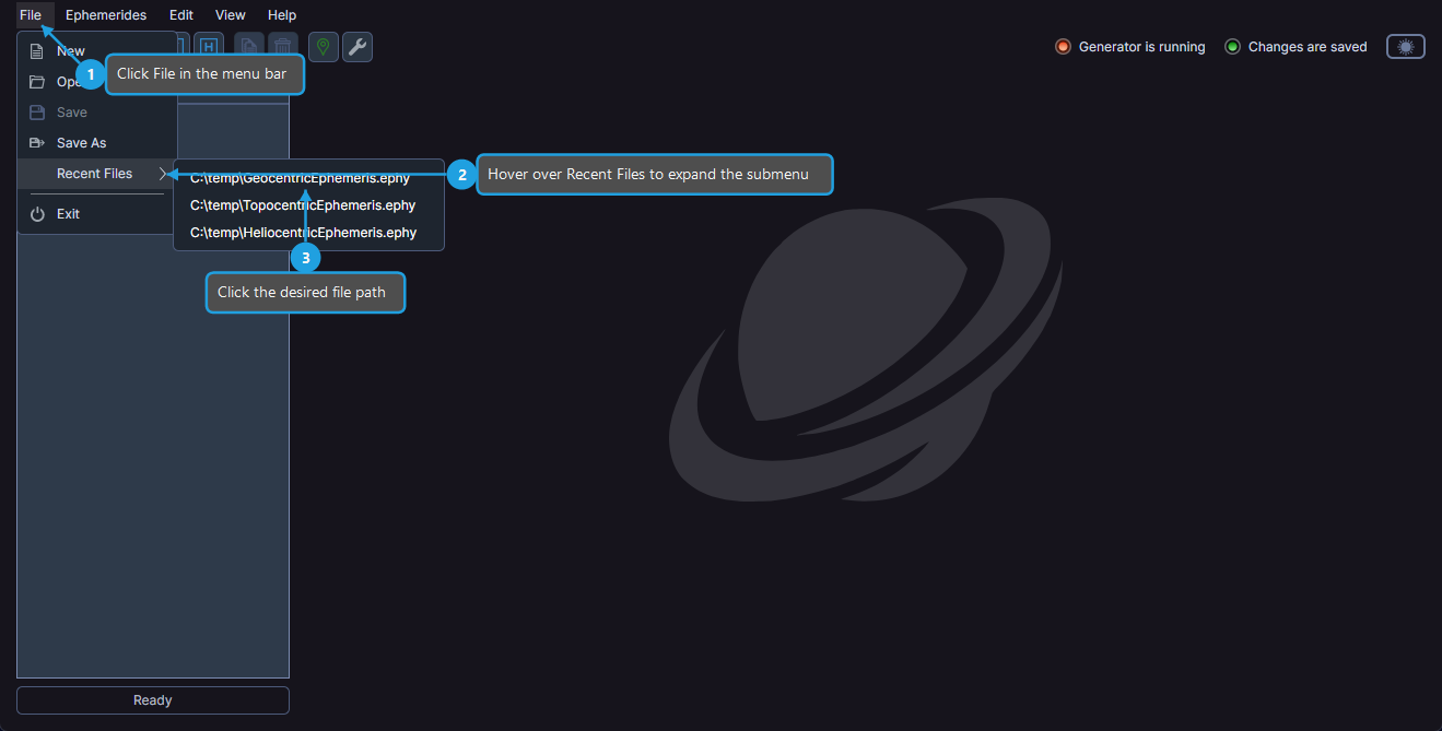File menu open with Recent Files submenu expanded showing file paths