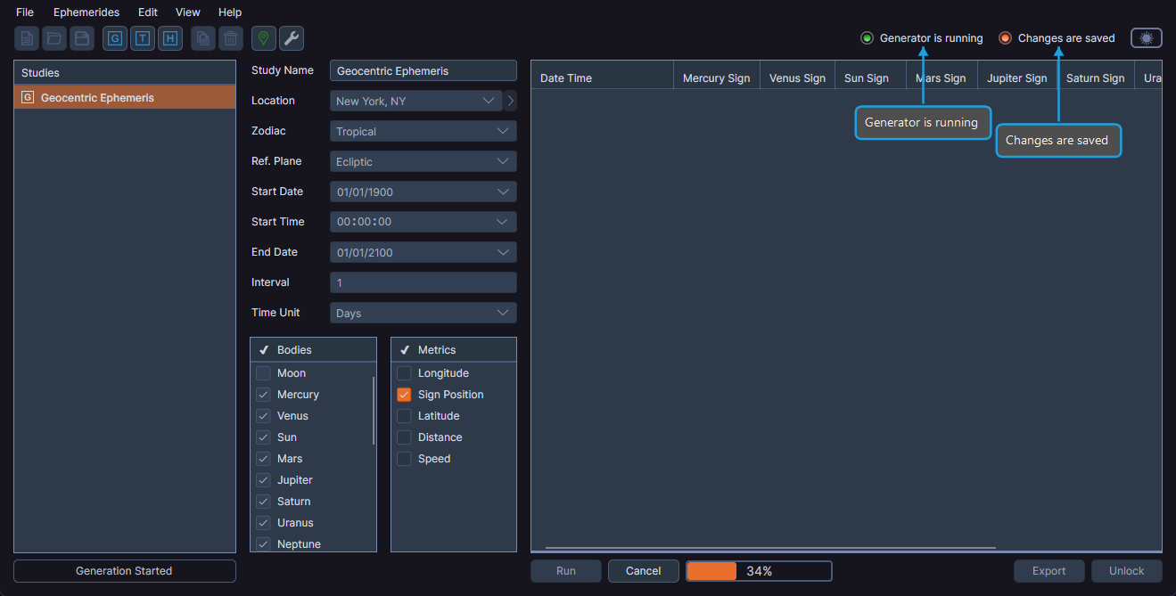 Toolbar showing the Generator and Changes status indicators
