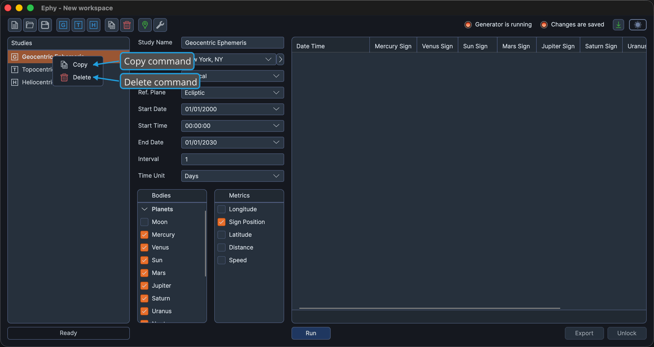 The Studies list with a study right-clicked and its context menu open.