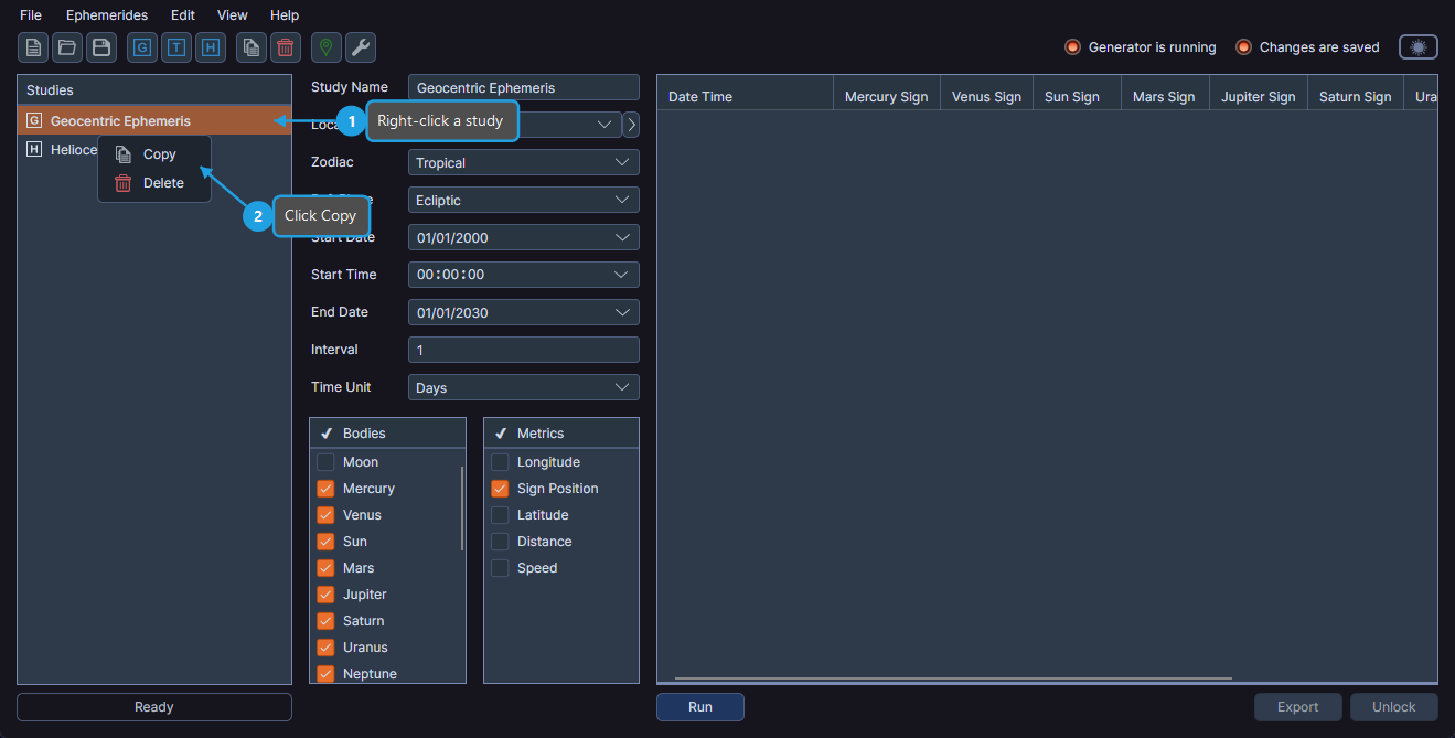 Studies list panel with right-click context menu showing Copy and Delete options