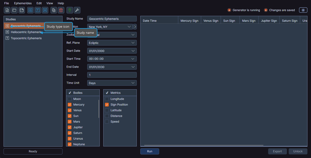 Studies list panel showing multiple studies with type icons and names
