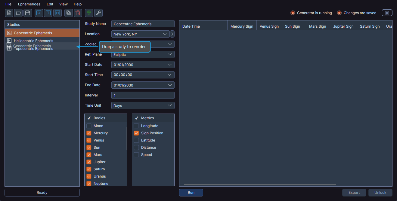 Studies list panel showing a study being dragged to a new position