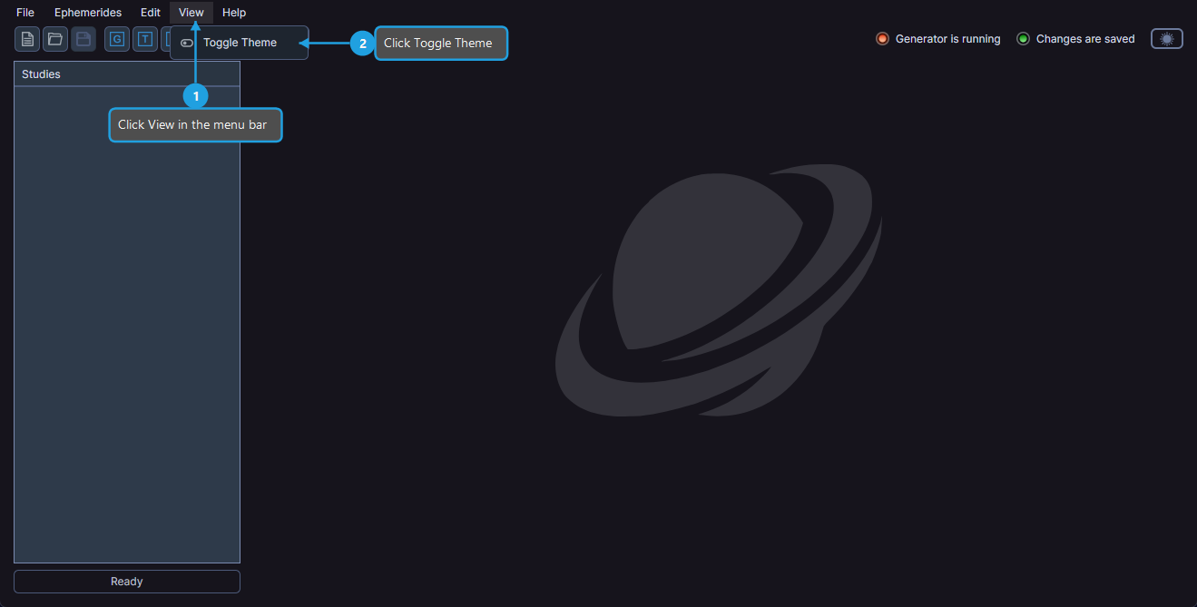 View menu open showing the Toggle Theme menu item