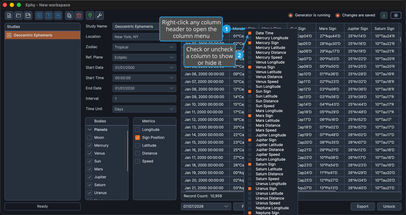 The ephemeris table with a column header right-clicked and the column menu open, listing the columns with checkboxes.