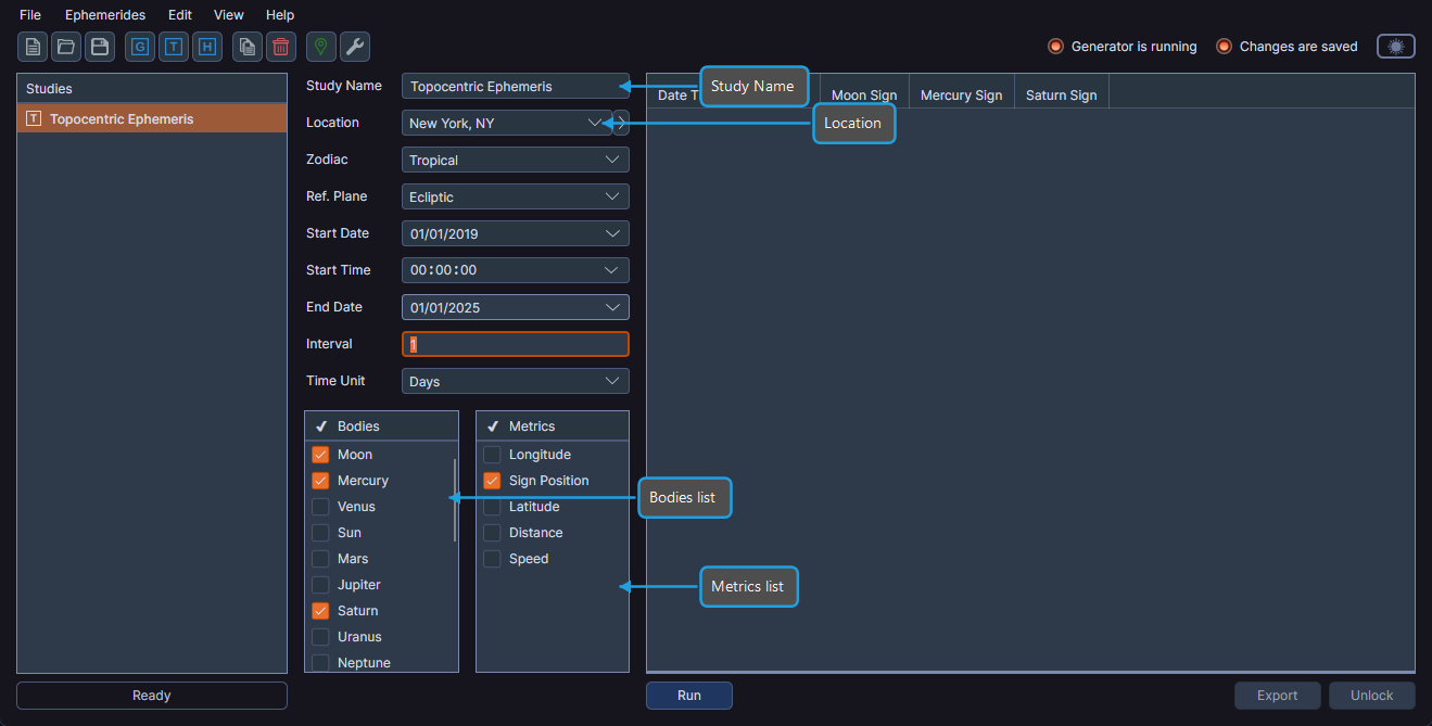 Topocentric ephemeris study configuration panel showing all parameters