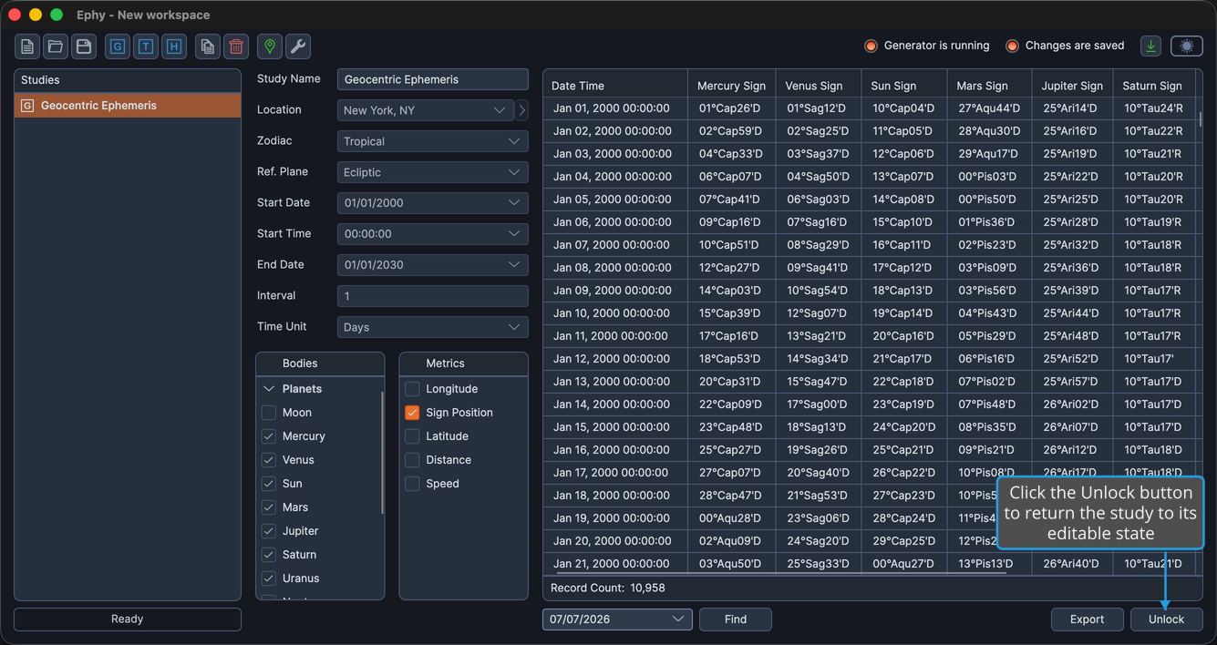 A generated, locked study showing the Unlock button beside the ephemeris table.