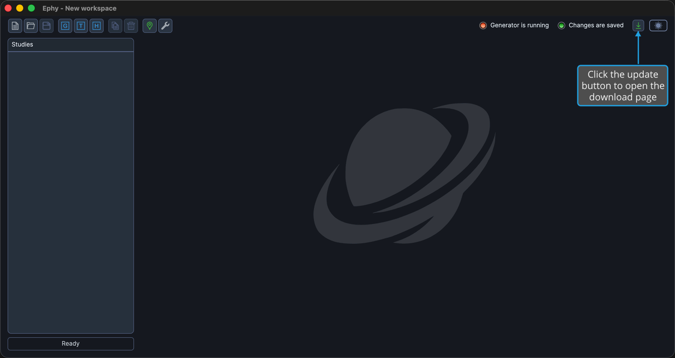 The top-right of the main window showing the update button immediately left of the theme switch.
