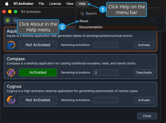 Choosing About from the Help menu