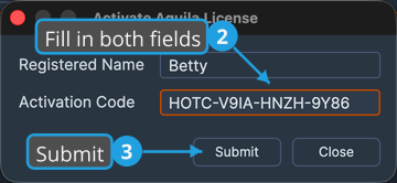 The Activate Aquila License dialog with the registered name and activation code entered