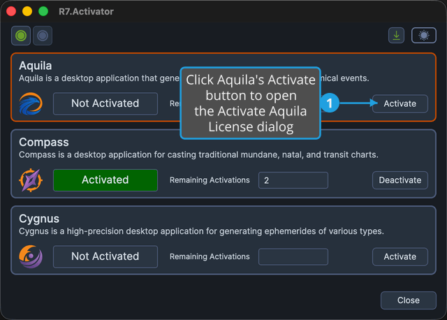 The Aquila panel showing its Activate button while the product is Not Activated