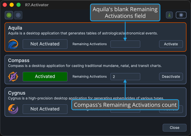 The Remaining Activations field: blank for Aquila, showing Compass's remaining activation count