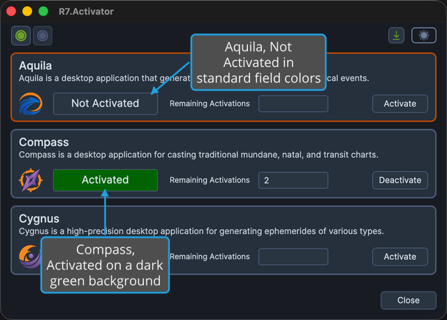 Activation status showing Activated for Compass and Not Activated for Aquila