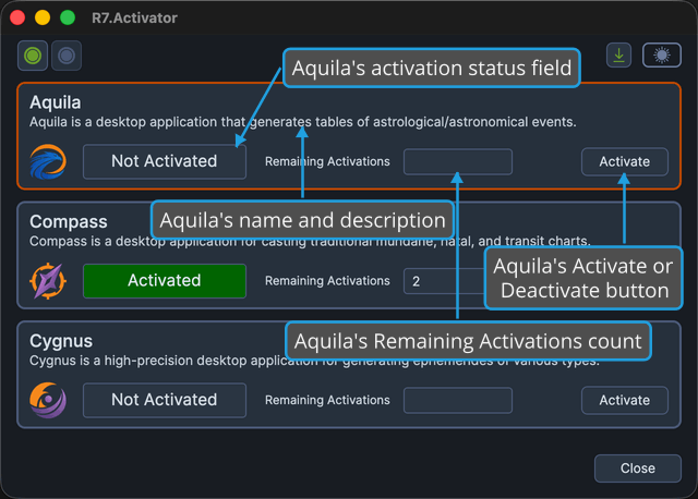 An application panel showing its name, description, icon, status, and action button