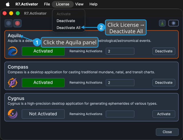 Choosing Deactivate All from the License menu with Aquila activated