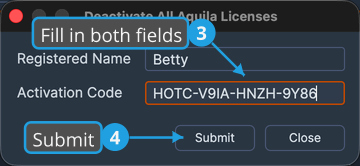 The Deactivate All Aquila Licenses dialog with the credentials entered