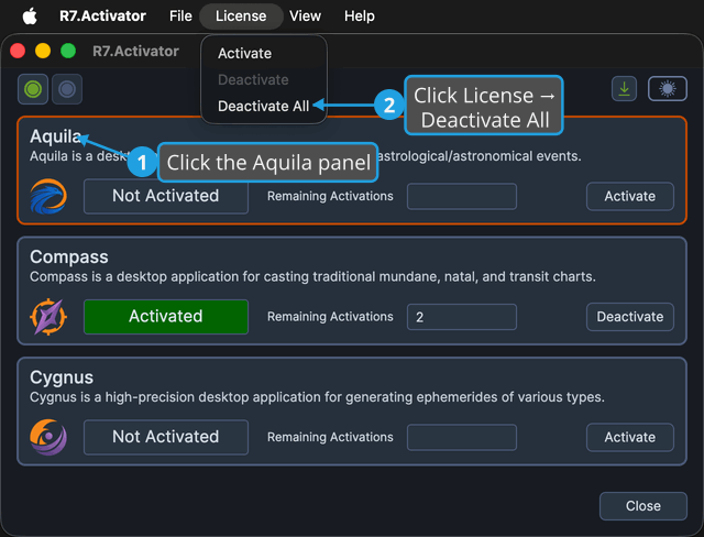 Choosing Deactivate All from the License menu with Aquila not activated