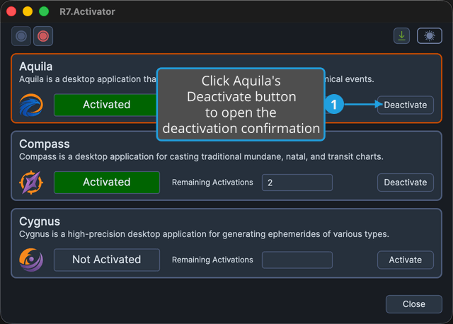 The Aquila panel showing its Deactivate button while the product is Activated